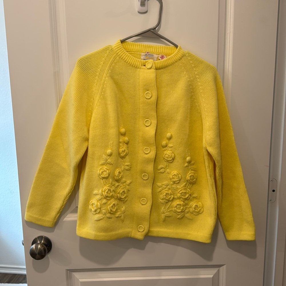 Vintage Agashi Yellow Floral Rosette Knit Button Up Cardigan Sweater